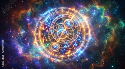 Intricate Celestial Zodiac Clock and Astrolabe Mechanism Floating in a Vibrant Cosmic Nebula