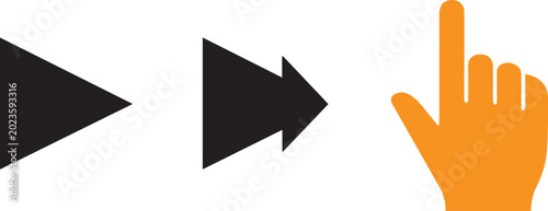 Foto Black arrow pointing right, orange hand with extended index finger, flat style d