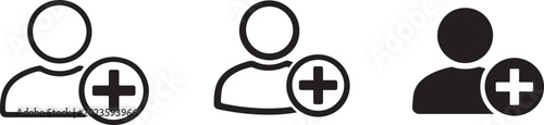 Foto User add icon set with plus sign in outline and solid styles for signup and new members