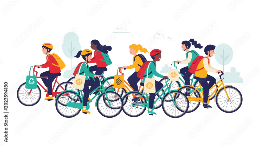 Fototapeta premium Diverse group of young people cycling together with eco-friendly bags