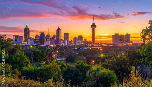 San Antonio Skyline at Sunset with Vibrant Sky and Lush Greenery.