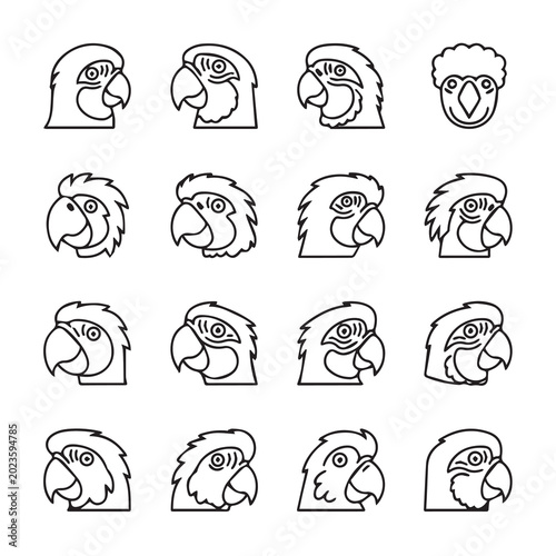 Parrot head icons in profile and front view with simple line art style on white