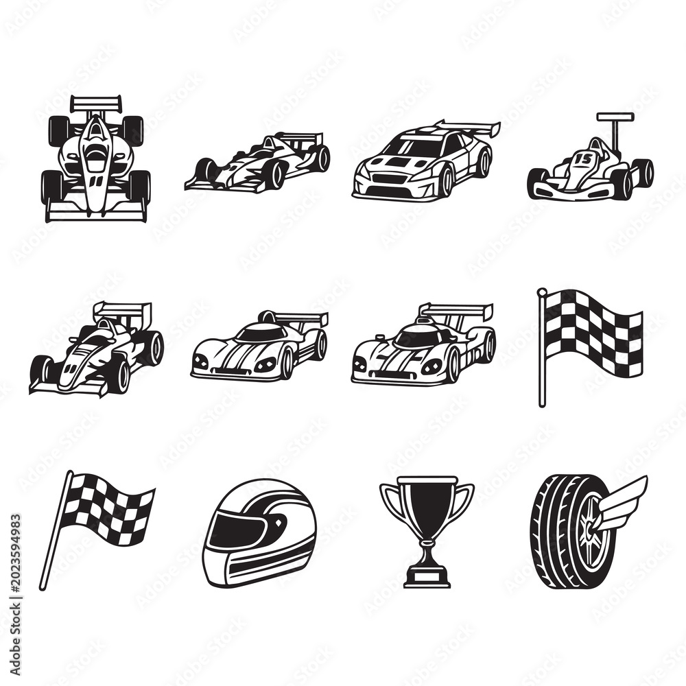 Fototapeta premium Racing car icons with checkered flags and trophy during sport competition on white background