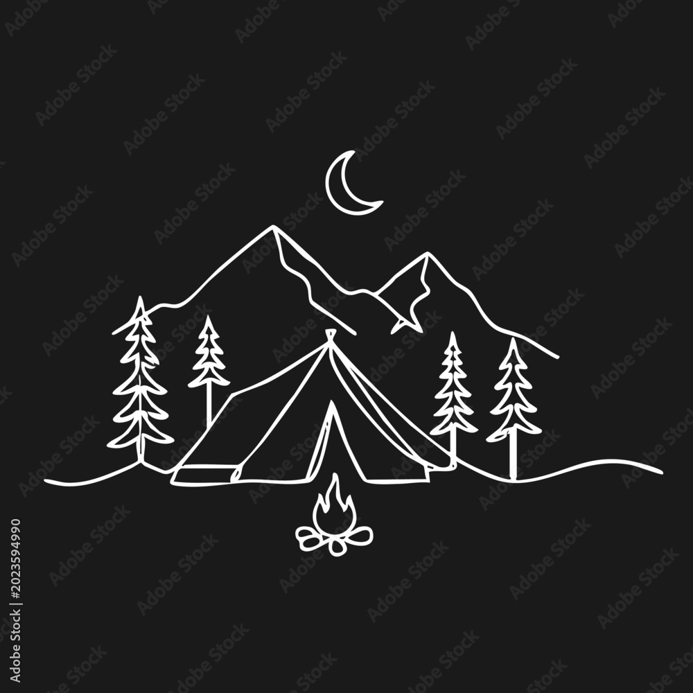 Obraz premium Minimalist Line Art Camping Scene at Night with Mountains, Tent, Campfire, and Moon