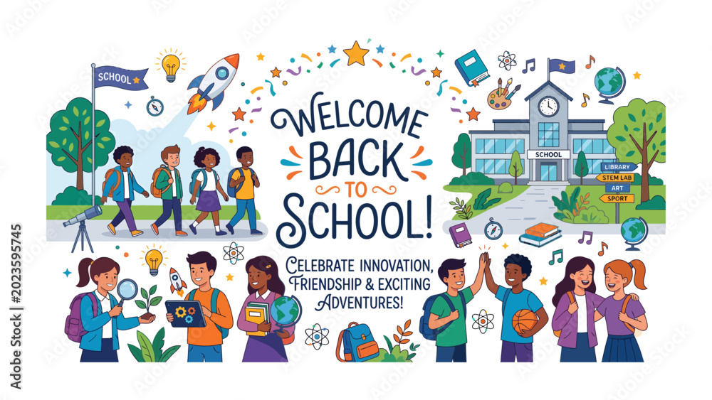 Fototapeta premium Welcome Back to School! A vibrant illustration celebrating the start of a new academic year, filled with diverse students, school buildings, and symbols of learning and fun.