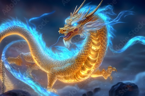 A fantasy illustration of a golden dragon with blue glowing accents, depicted against a dark sky