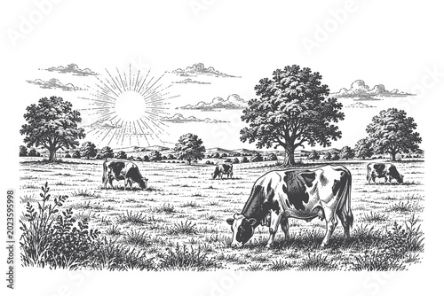 Rural countryside meadow vector illustration in detailed vintage engraving style featuring dairy cows grazing on grass under a dramatic rising sun burst