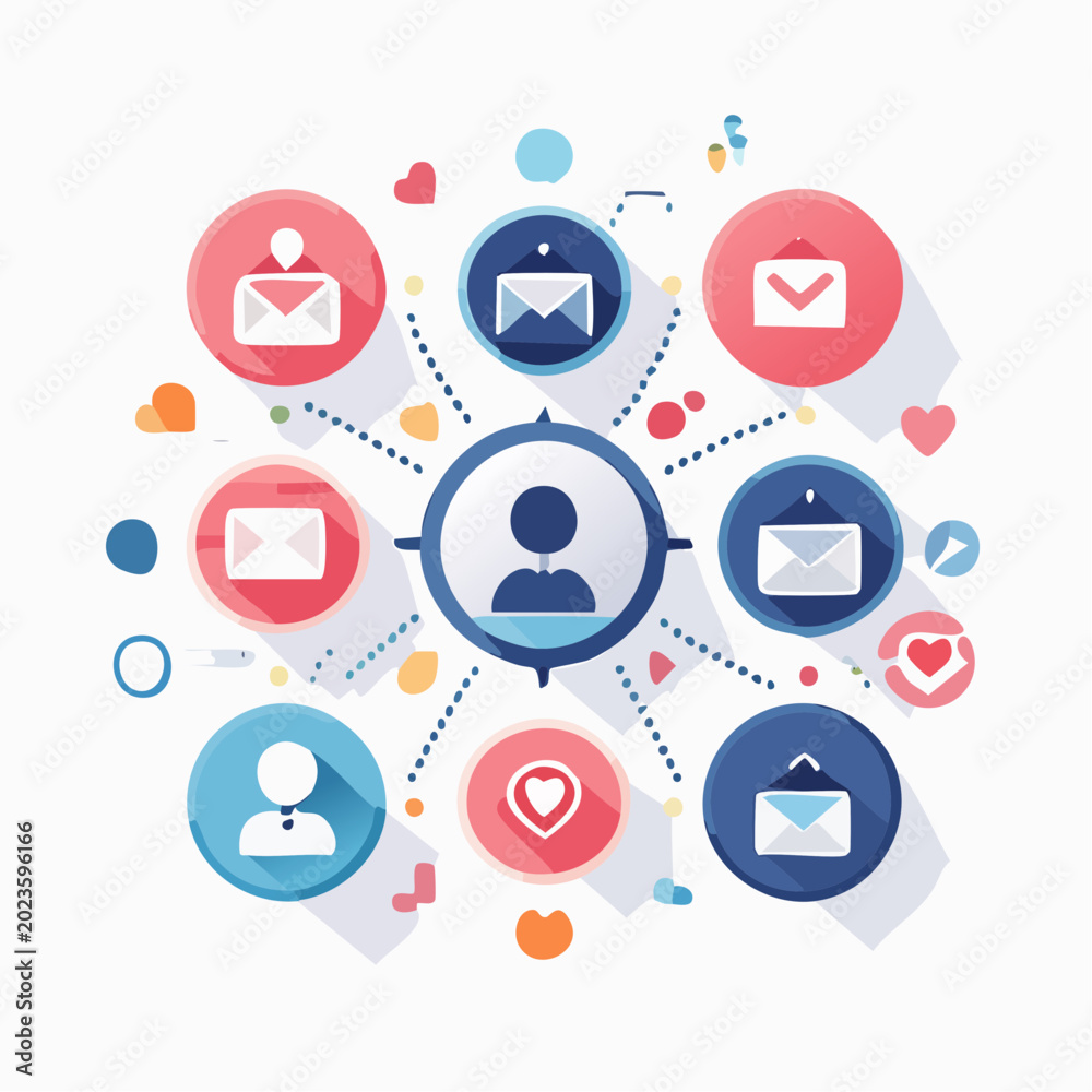 Fototapeta premium Flat lay illustration of a central user icon connected to various social media and communication symbols in a colorful, modern graphic design.