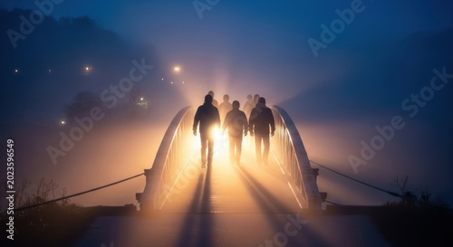 Silhouetted figures walk across a misty bridge towards a bright guiding light.