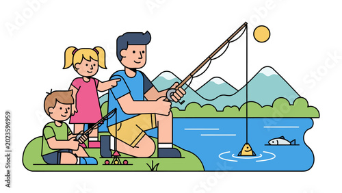 Photography Fishing Trip with Family: A father and his two children enjoy a sunny day fishing by a serene lake, surrounded by rolling hills and a clear blue sky, capturing a moment of wholesome family fun