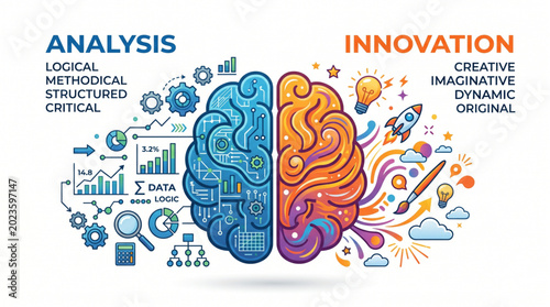 Bild auf Leinwand Brain split into analytical and innovative halves with icons.
