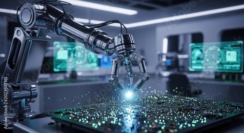 Robotic Arm Working on Advanced Circuit Board in a High-Tech Lab