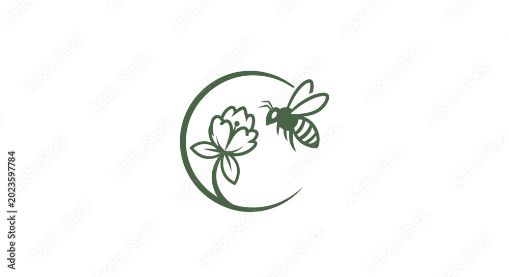 Fototapeta premium Bee flying to flower logo.