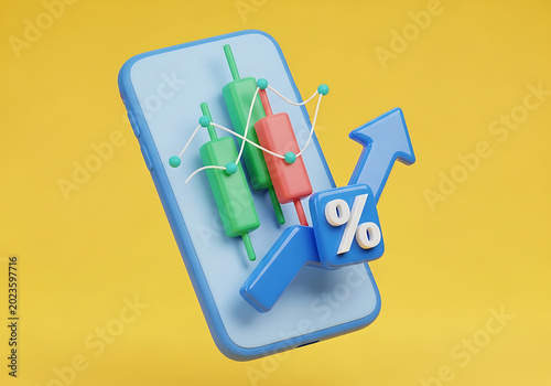 Mobile phone screen displaying stock market candlestick chart with upward trending arrow and percentage sign investment percentage business analysis technology economic