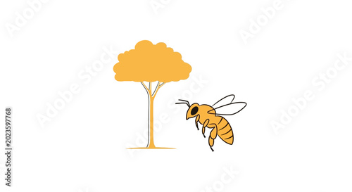 Photos Bee flying near a tree branch.