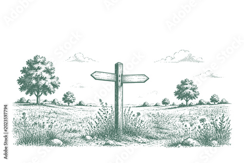 Schilderij op canvas Hand drawn engraving style vector illustration of a two way wooden signpost stan