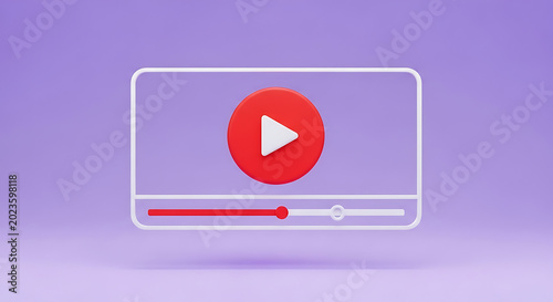 3D player interface with play button and progress bar on purple background player control video playback player window interface streaming multimedia broadcasting entertainment