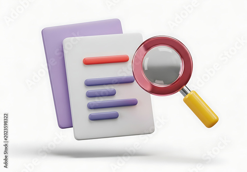 3D illustration of documents and a magnifying glass representing search and analysis document analysis research investigation discovery information intelligence business