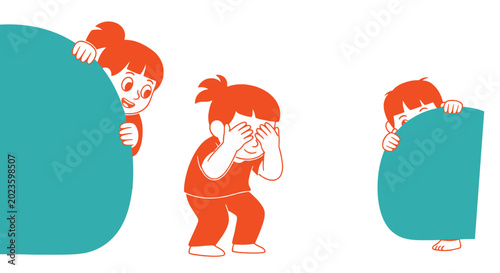 Cartoon children behind large teal shapes.