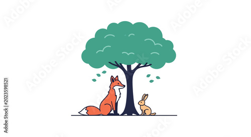 Fotografi Cartoon Fox Sitting Under Tree.