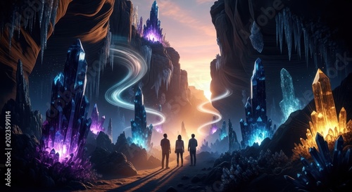Three explorers in a vast cave filled with glowing crystals.