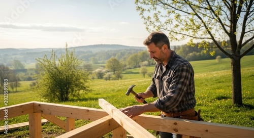 Man building a wooden structure outdoors in a rural setting.
