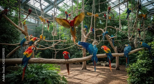 Flock of colorful macaws perched and flying in an aviary.