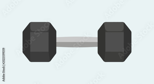 Simple illustration of a black dumbbell on a light blue background.