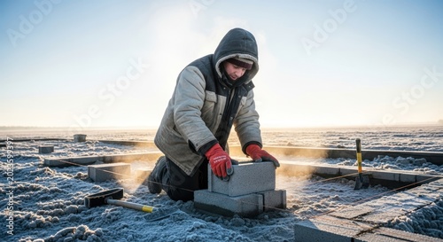Construction worker building brick wall in cold weather