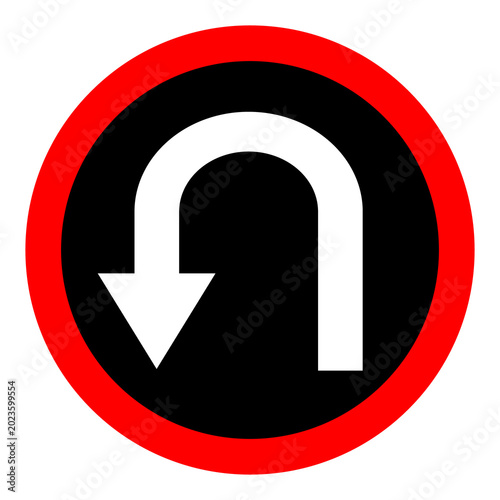 Simple flat design U turn symbol showing a curved arrow pointing downward, used in road safety and driving visuals.