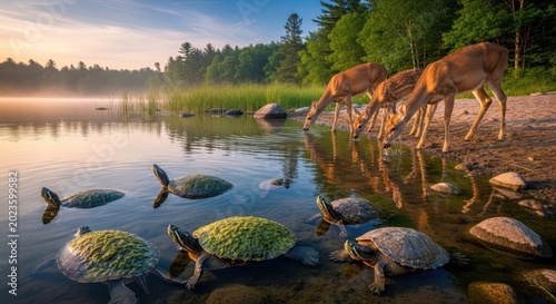 Deer and turtles sharing a serene lake at sunrise.