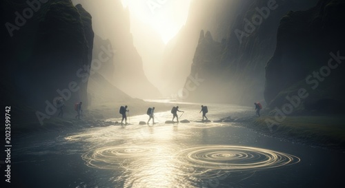 Hikers traverse a river in a misty canyon