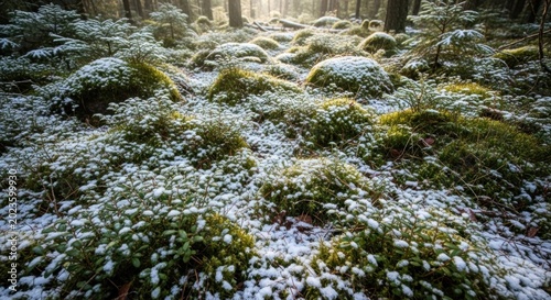 Snowy moss and plants on a forest floor in winter.