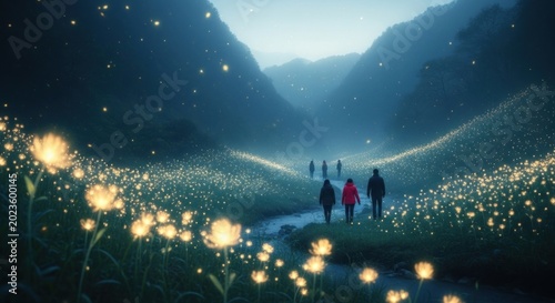 People walk through a magical valley filled with glowing flowers.