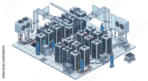 Isometric illustration of technicians working in a high-tech data center server room