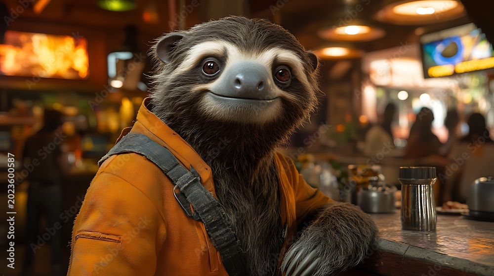 Fototapeta premium Smiling Sloth in an Orange Jacket at a Bar with Lifestyle Concept.