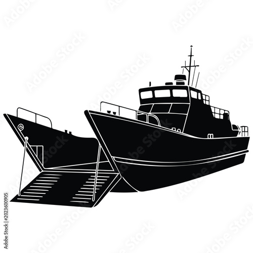 Canvastavla Landing craft line art vector silhouette illustration, two military boats on water