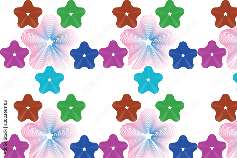 Naklejka premium Seamless pattern design displaying repetitive colorful flower shapes with thin linear details creating vibrant abstract background