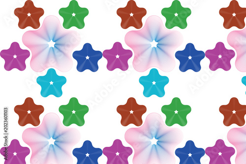 Seamless pattern design displaying repetitive colorful flower shapes with thin linear details creating vibrant abstract background