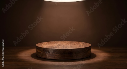 Warm Circular Dark Wood Podium in Moody Studio with Soft Overhead Spotlight Focus