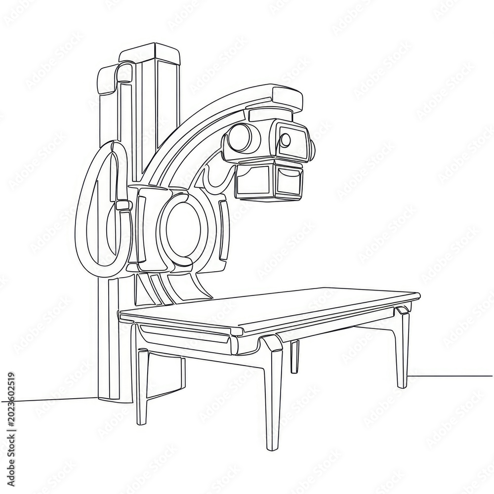 Fototapeta premium Medical xray machine with table for patient examination isolated on white background