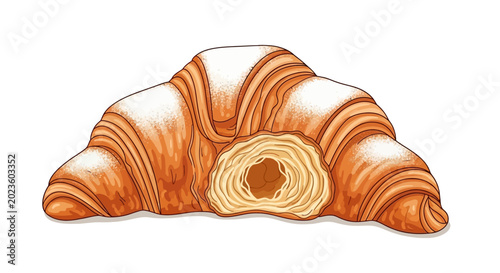 Bild auf Leinwand Hand drawn illustration of a fresh flaky croissant with powdered sugar on a whit