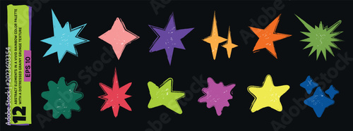 Vector collection of 12 isolated retro funky stars and brutalist geometric shapes in EPS 10 format. Hand-drawn abstract elements in a vivid rainbow color palette with a distressed grainy grunge textur