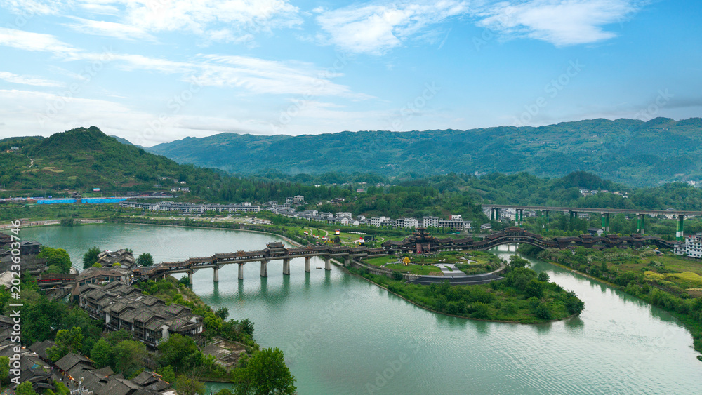 Fototapeta premium Millennium old villages and covered bridges on the river