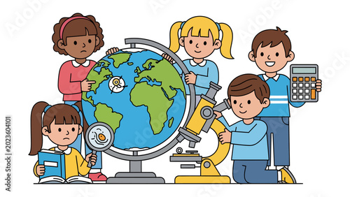 Bild auf Leinwand Young Scientists Exploring the World: A diverse group of young children is engrossed in learning and discovery, gathered around a globe, microscope, and calculator