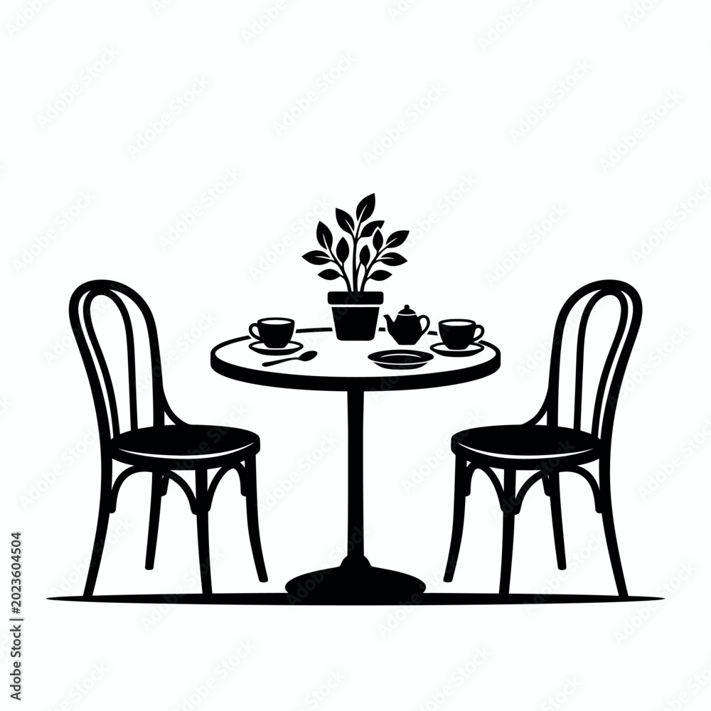 Fototapeta premium Cozy Round Cafe Table with Two Chairs, Coffee Cups, and Plant Decor in Bright Studio