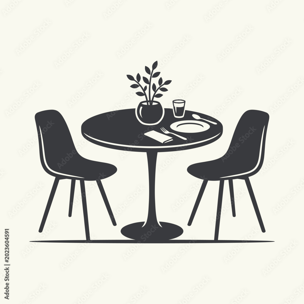 Fototapeta premium Minimalist Round Dining Table with Two Chairs and Plant Decor on an Isolated White Background