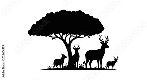 Foto Deer Family Under Tree Silhouette Illustration.