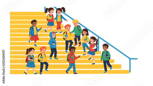 Bild auf Leinwand Schoolchildren on Stairs: A vibrant illustration depicting a group of diverse schoolchildren descending a bright yellow staircase, each carrying books and backpacks