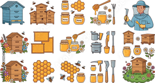 Cuadro en lienzo Beekeeping and honey production vector illustration mega set with beehives honeycombs jars apiary tools flying bees and a professional beekeeper character design